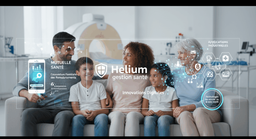 Interface digitale futuriste Helium gestion sante superposée à un appareil d'imagerie médicale, symbolisant la mutuelle, la famille, l'innovation et la sécurité des données.